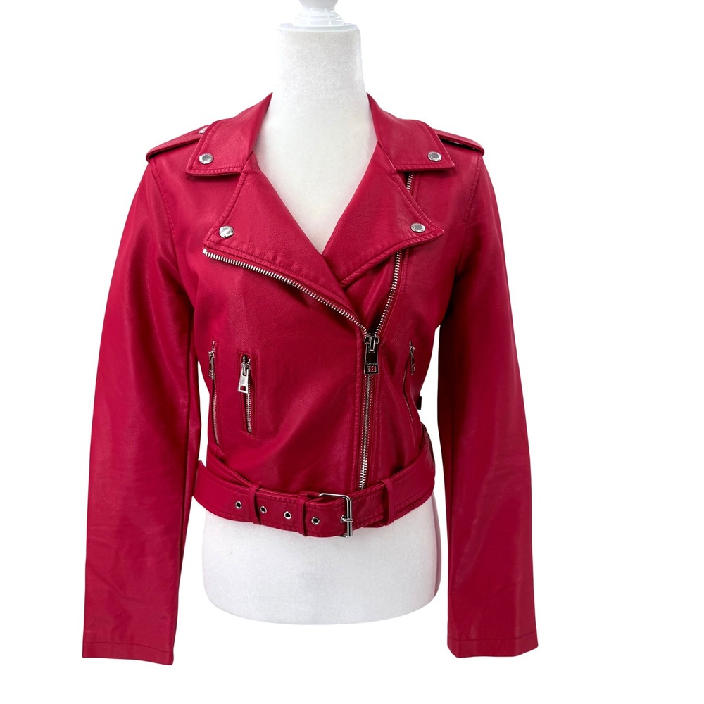Levi Strauss & Co Bright Lipstick Red‎ Faux Leather Moto Biker Jacket Belted S